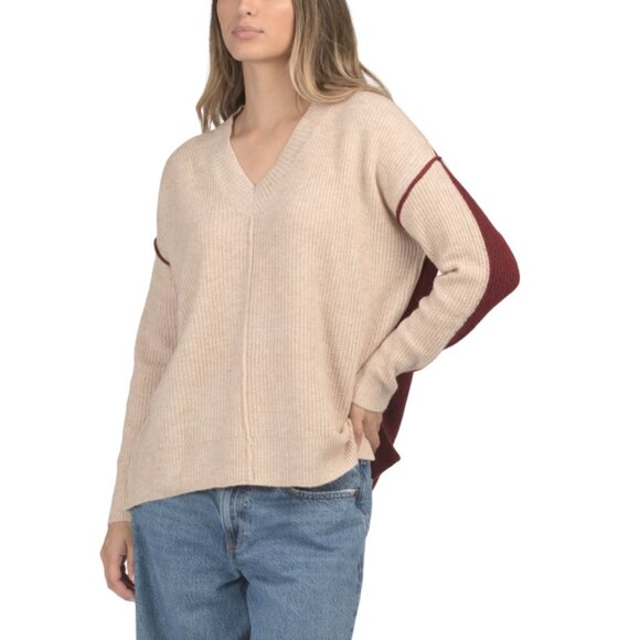 THEO & SPENCE Tan/red Exposed Seam V-neck Sweater - Picture 1 of 2